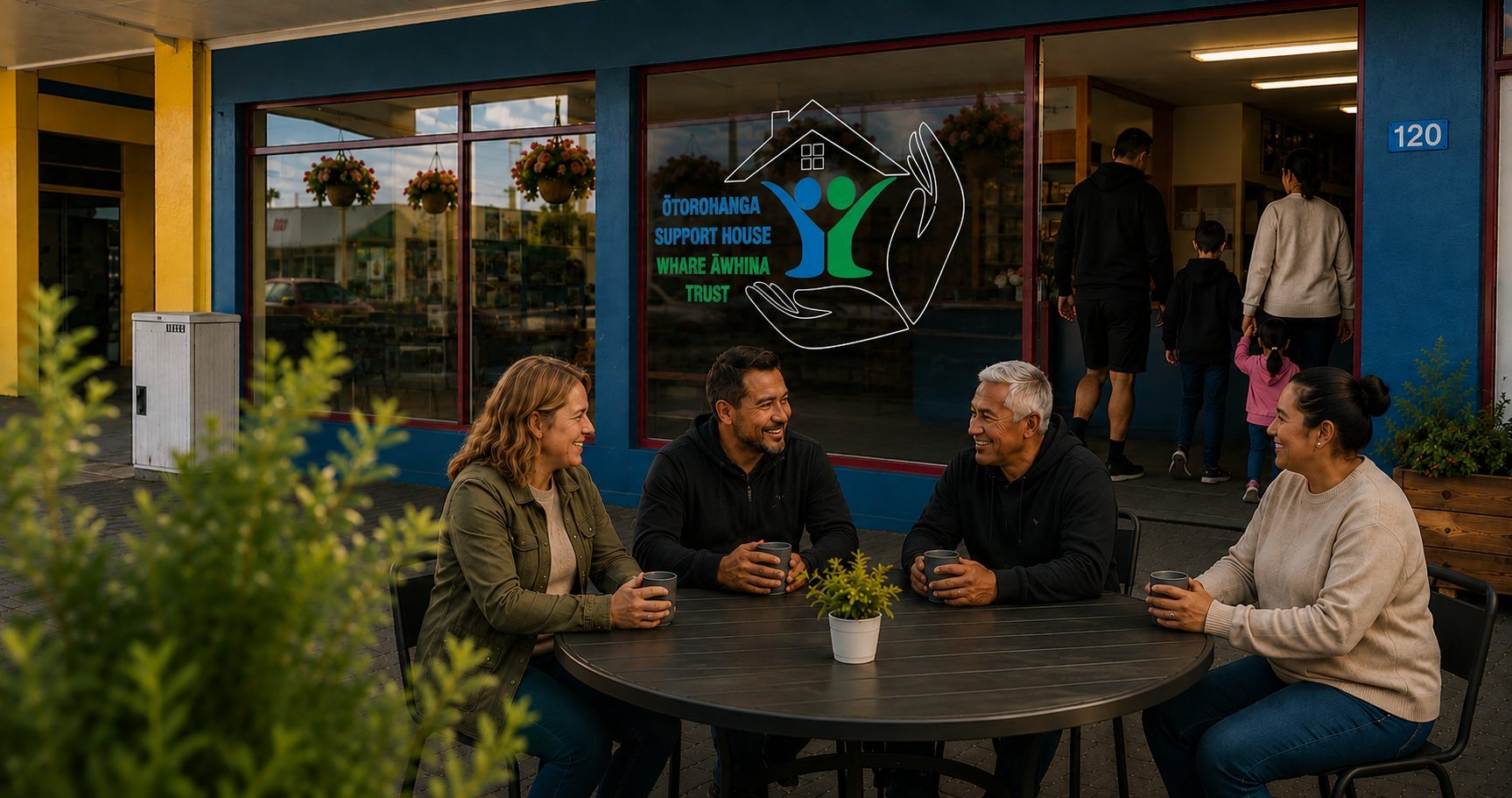 Community members sharing a moment outside Ōtorohanga Support House Whare Āwhina